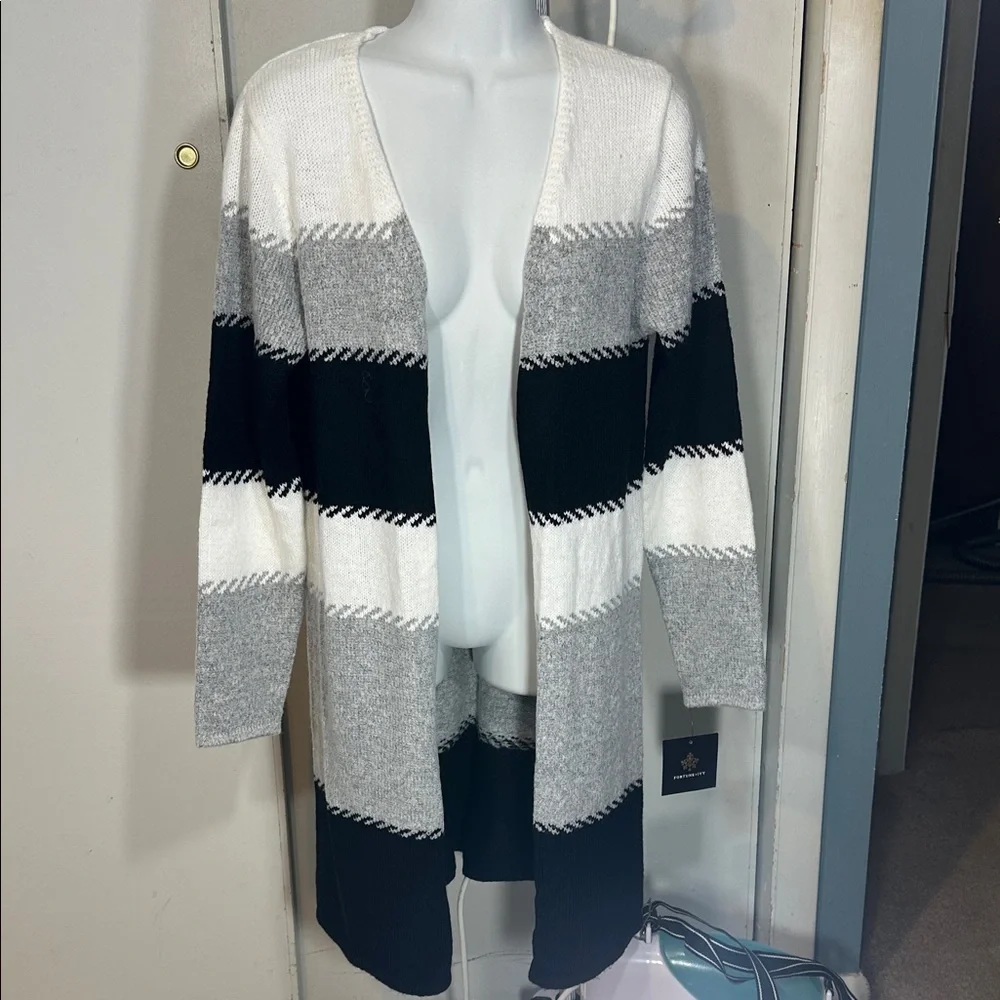 SMALL Fortune & Ivy Long Open Front Cardigan womans black grey white sweater NEW - Picture 1 of 6